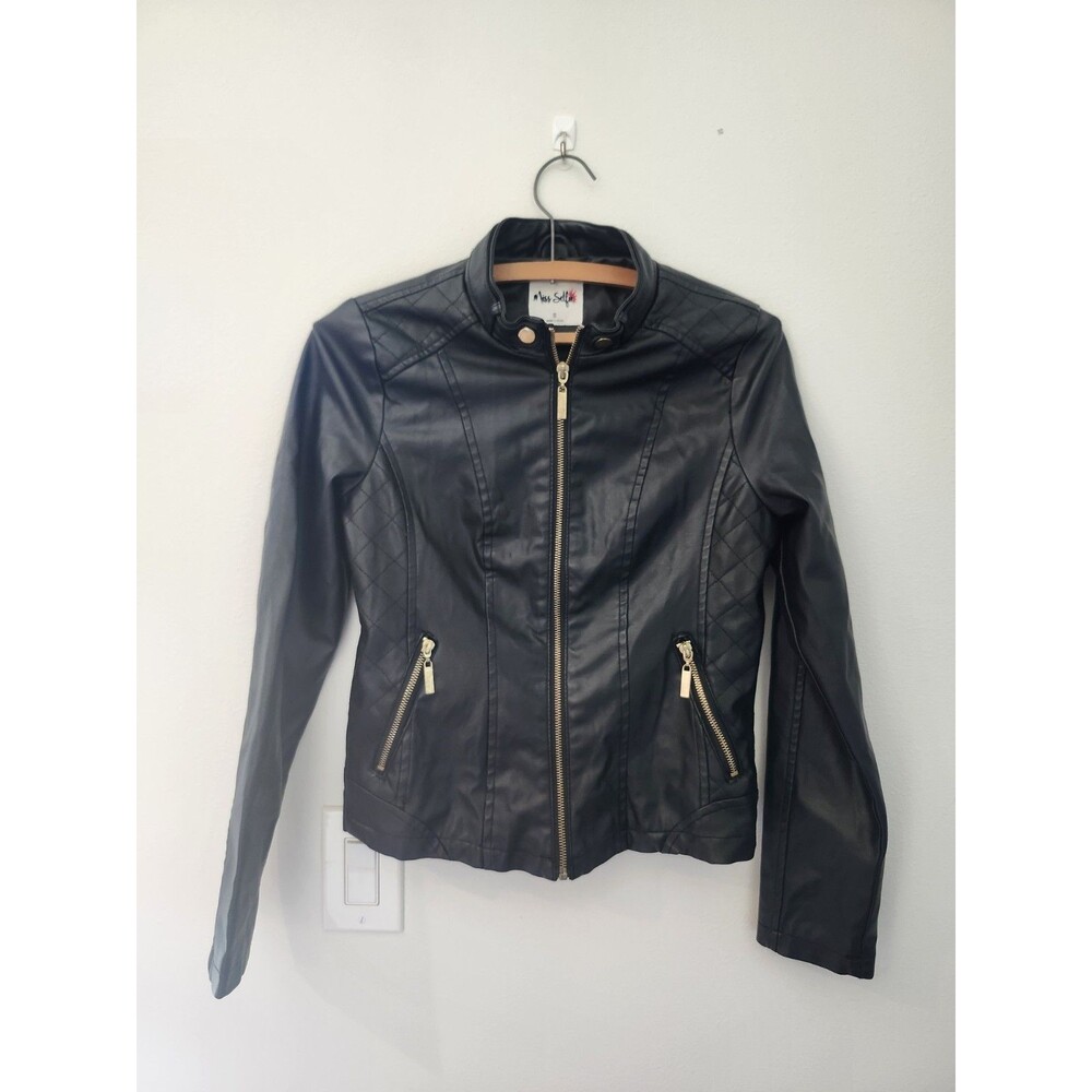 Miss Selfie Faux Leather Vegan Moto Jacket with Gold Zippers Black Size Small